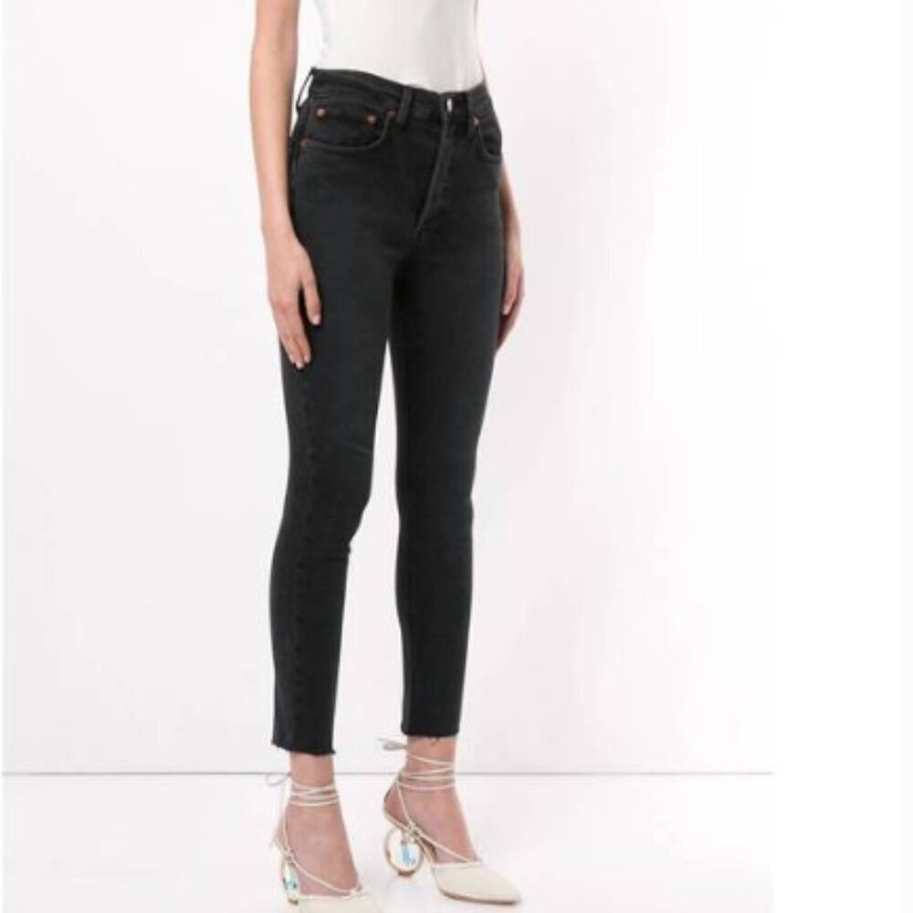Re/Done Originals Jeans High Rise Ankle Crop raw hem distressed Black sz 28